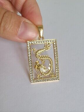 Gold Tone Square Micro Pave CZ Rhinestone Dragon Chinese Zodiac Charm Pendant